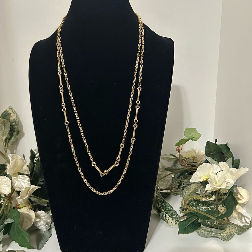 Monet Long Necklace 55" Gold-tone Rope Chain With Bone Link Chain Accent Signed
